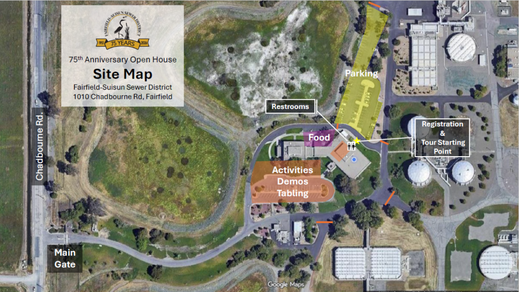 Map of the area with highlighted route, directional arrows, and callout notes explaining how to access the facility entrance